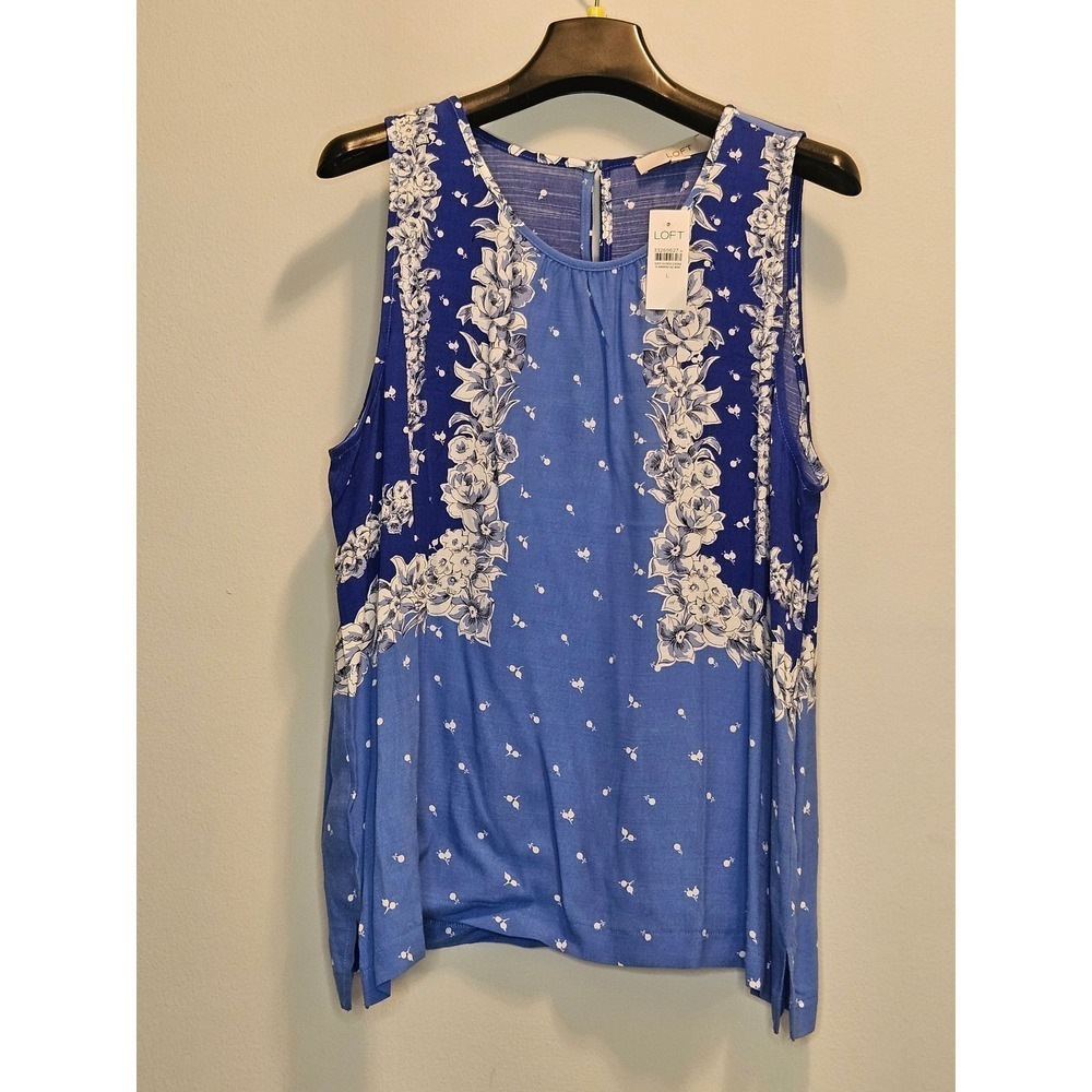Loft Blue Floral Sleeveless Shell Top Mixed Print Keyhole Back Size XL NWT